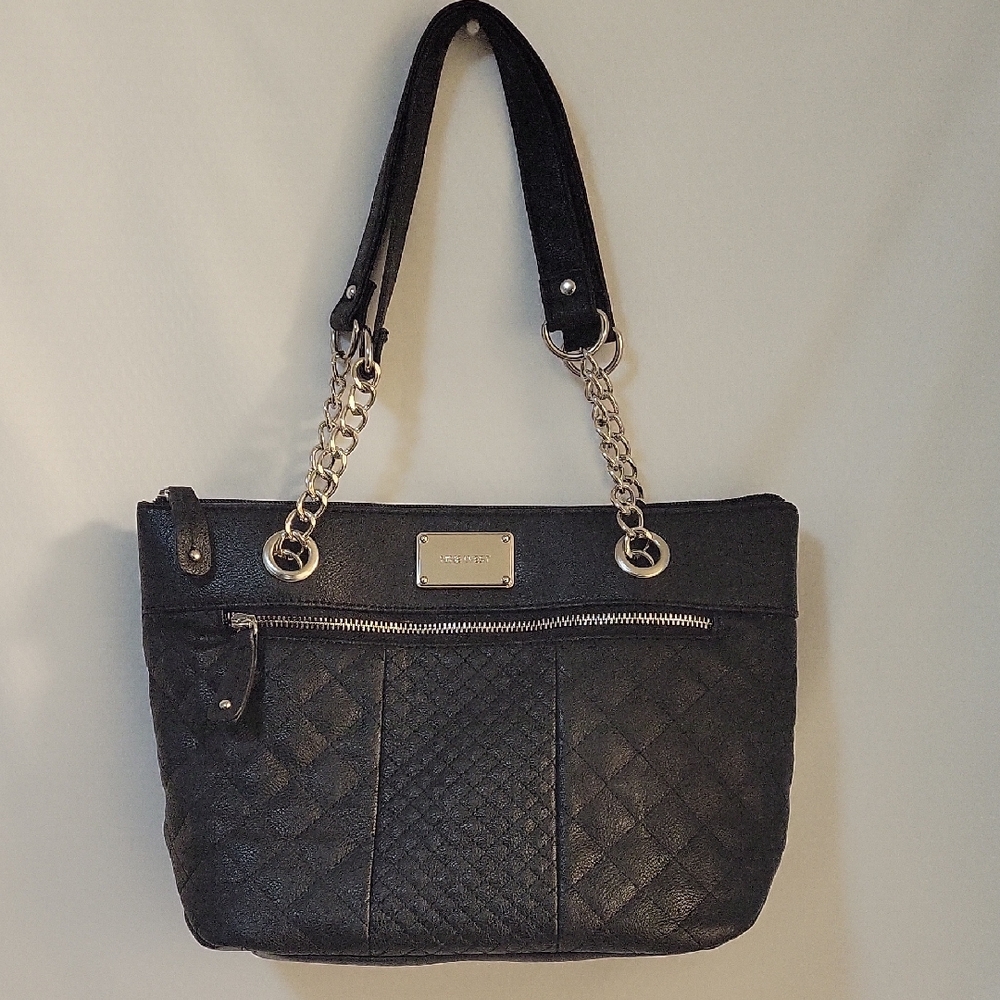 Nine West Black Quilted Shoulder Bag with Silver Chain